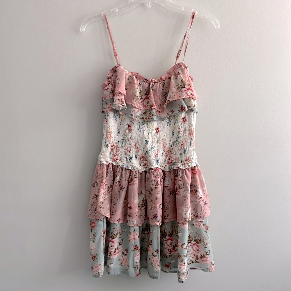 Storia Pink and Light Blue Floral Ruffle Mini Dress